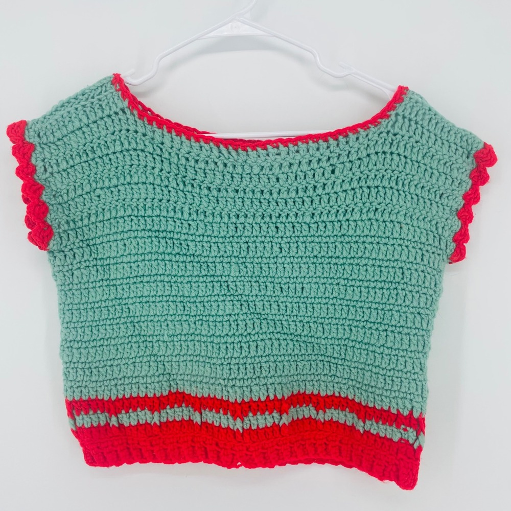 Handmade Crochet Crop Top Mint Green Red‎ Boho Festival Sleeveless Boat Neck
